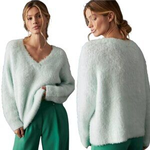 Anthropologie Maeve Plush V-neck Sweater Mint Green Fluffy Cozy Oversized Size S